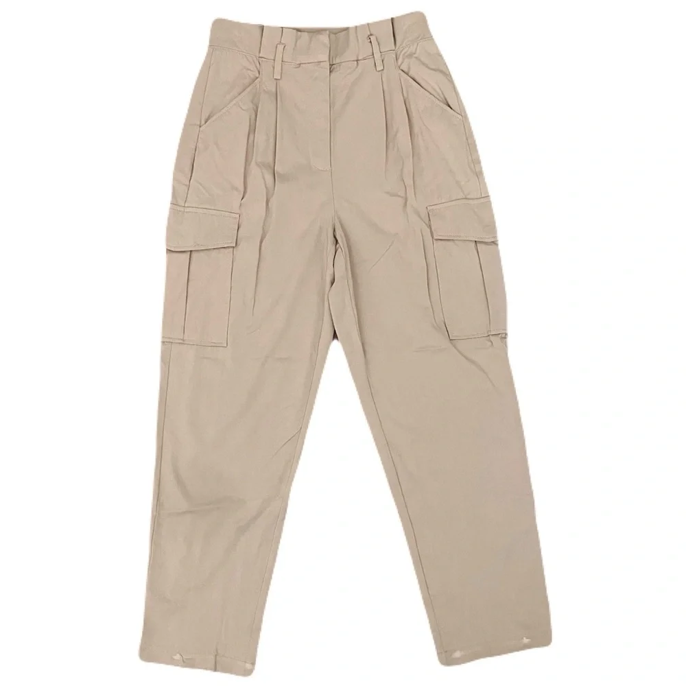 Stylish Tan Pleated High Waisted Cargo Pants for Women